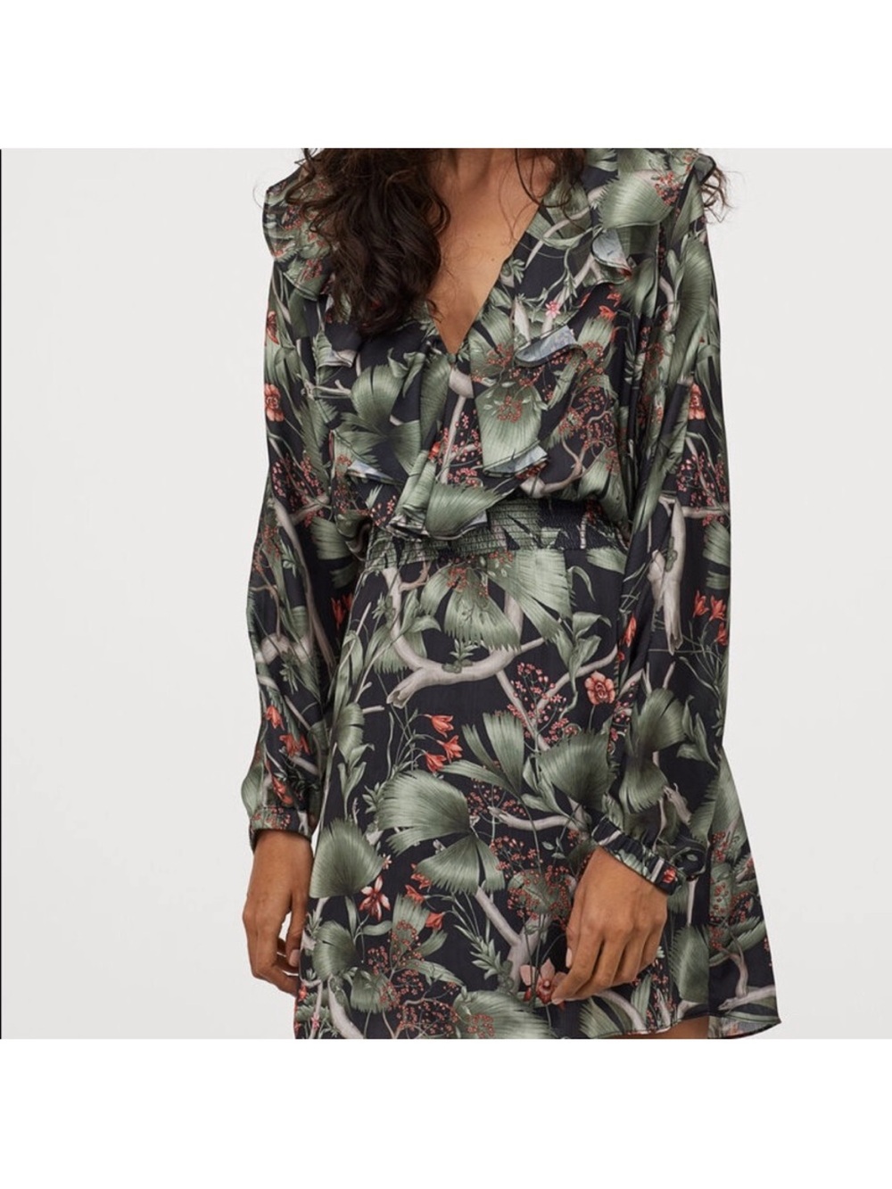 Johanna Ortiz Black and Green Botanical Ruffle Long-Sleeve Mini Dress